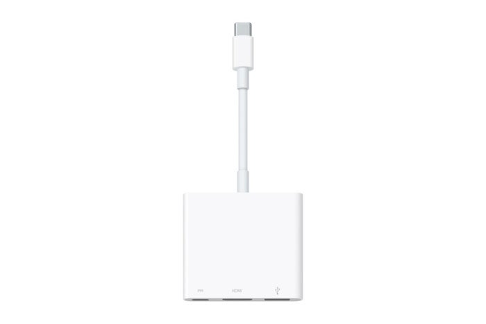 Apple предлагает   USB-C Digital AV Многопортовый адаптер   устройство стоимостью 60 долларов, которое также имеет порт USB-A и порт USB-C, предназначенные только для зарядки