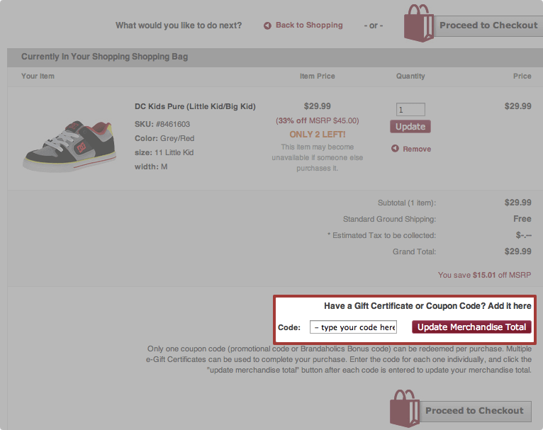 Для того, щоб отримати знижку по промокодом, необхідно в кошику (Shopping Bag) в поле Code вставити промокод і натиснути кнопку Update Merchandise Total (оновити підсумкову вартість покупки):