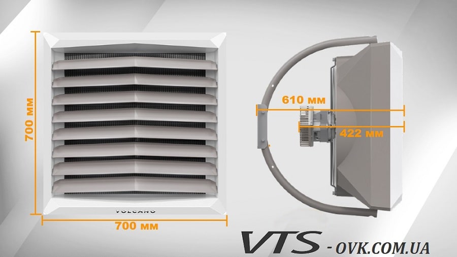 Габаритні розміри тепловентиляторів з ЄС мотором Volcano VR1 ЄС, VR2 ЄС, VR3 ЄС, VR-D EC: